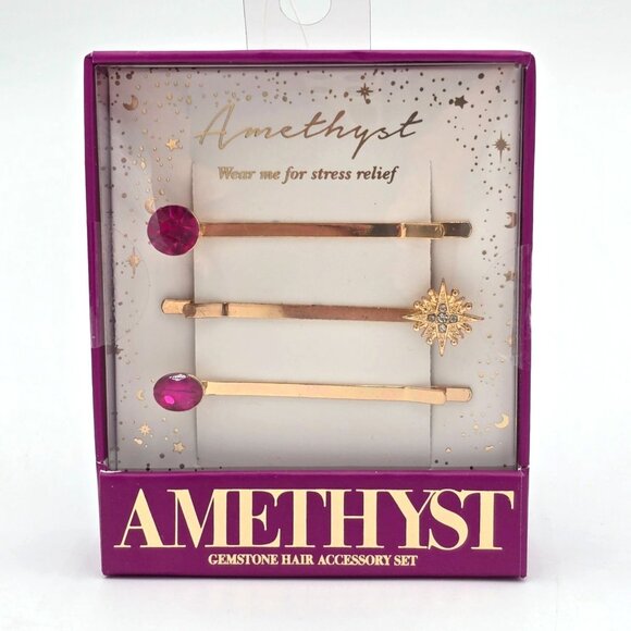 Bon Voyage 3-Piece Amethyst Gemstone Hair Accessory Set Bobby Pin Lab Made Stone - Picture 1 of 6